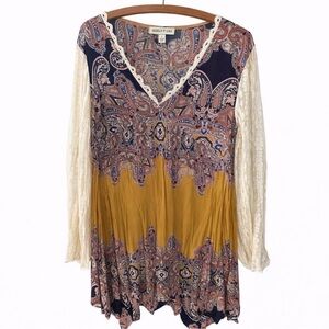 Tassels N Lace Paisley Medallion V-Neck  Blouse/Dress in Navy, Mustard & Cream